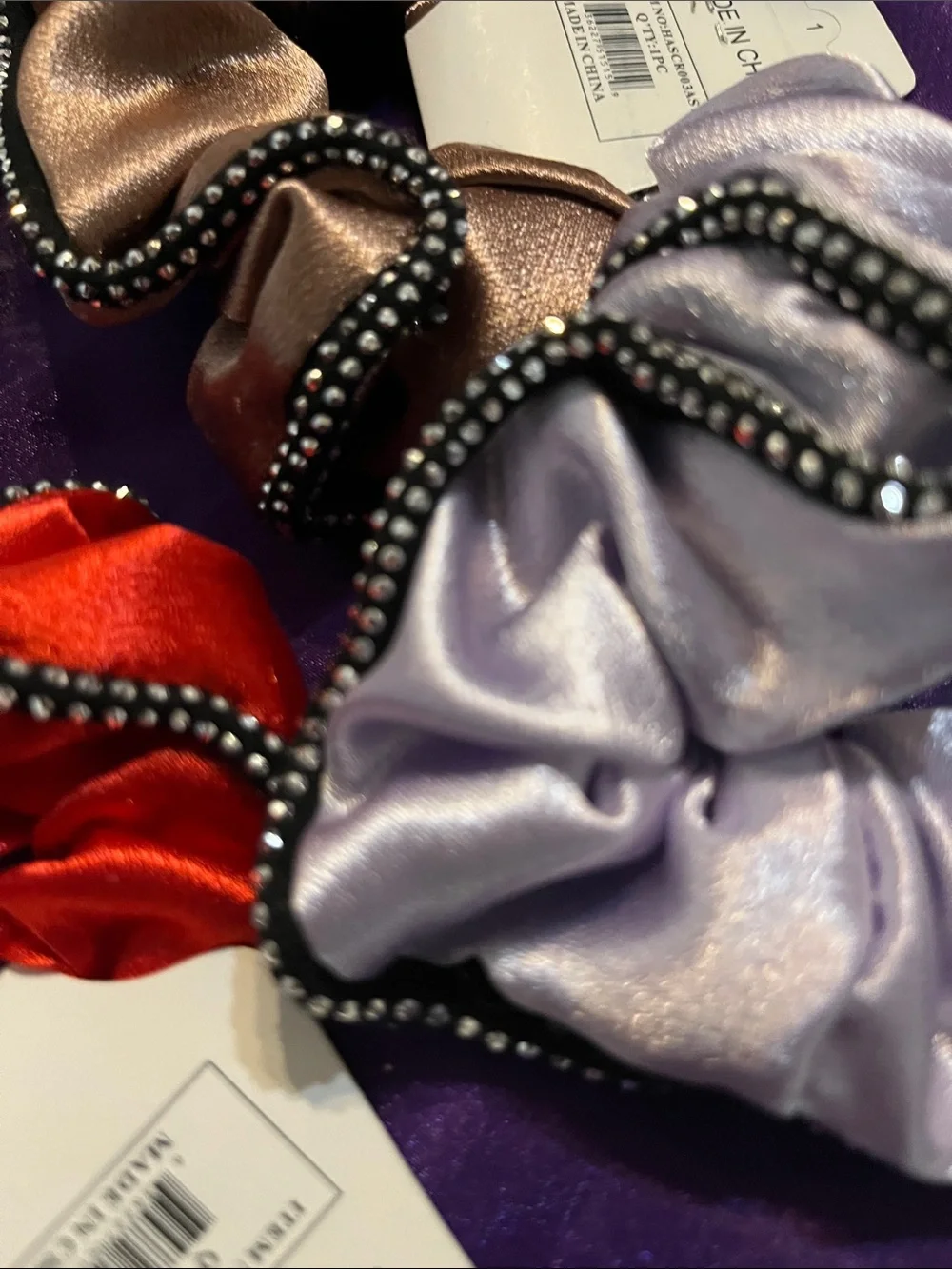 Fashion Jewelry Satin Scrunchie Set in Red, Lilac, and Beige with Beaded Trim
